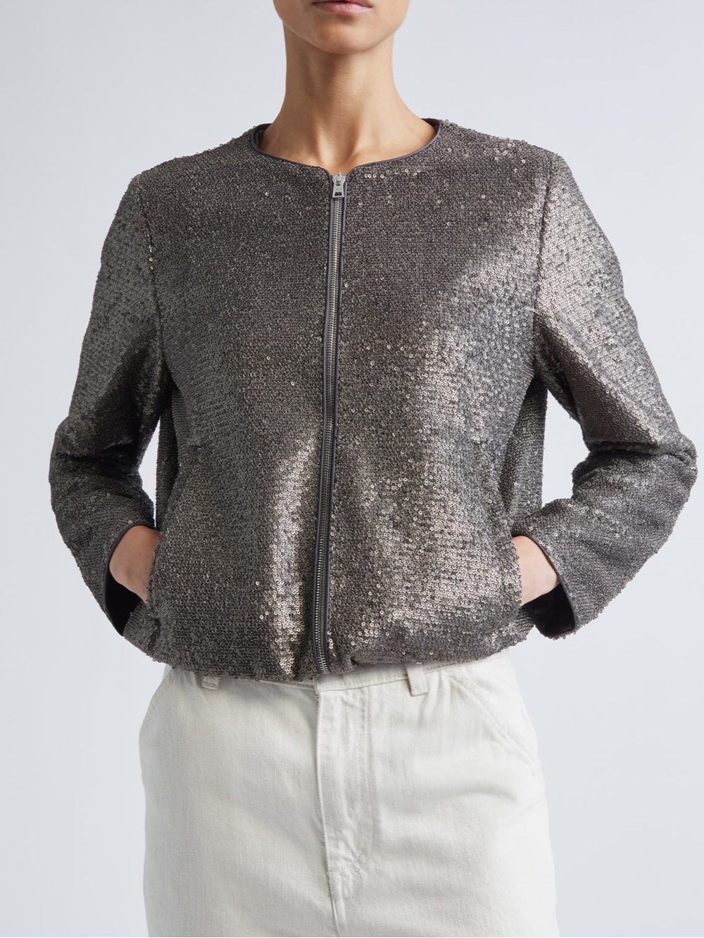 Authentic Herno Resort Grey Sequins Bomber Jacket 2US 38IT $1010 New